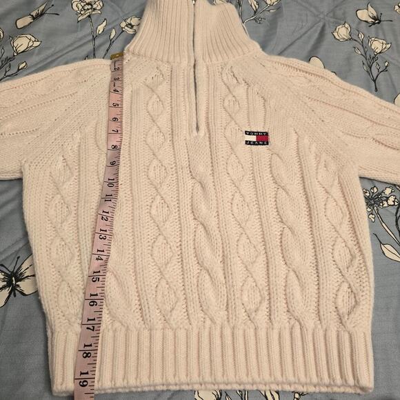 Tommy Jeans M Cable Knit Quarter-Zip Sweater Wool Blend Ivory White Logo Patch - Picture 7 of 10